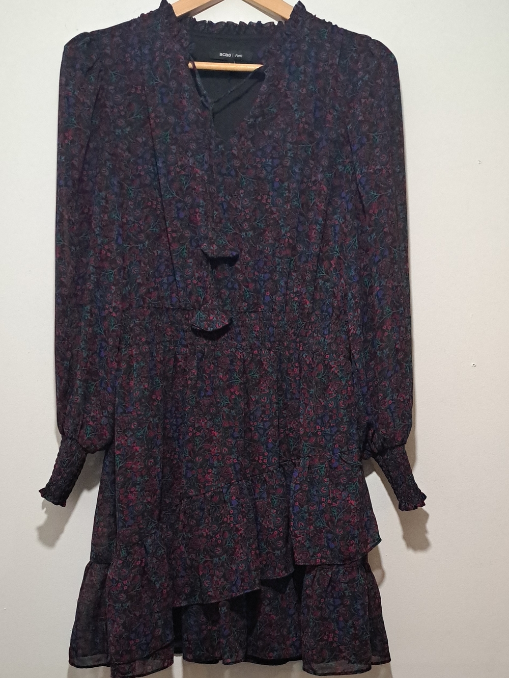 BCBG Dark Navy Floral Ruffle Tiered Mini Dress